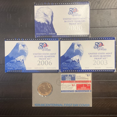 (3) US Mint - 00, 03, 06 State Quarter Proof Sets + (1) 74 Bicentennial FDC Coin