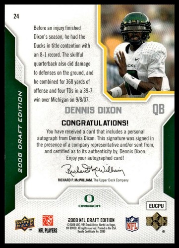 2008 Upper Deck Draft Edition #24 Dennis Dixon Autographs - Picture 2 of 2