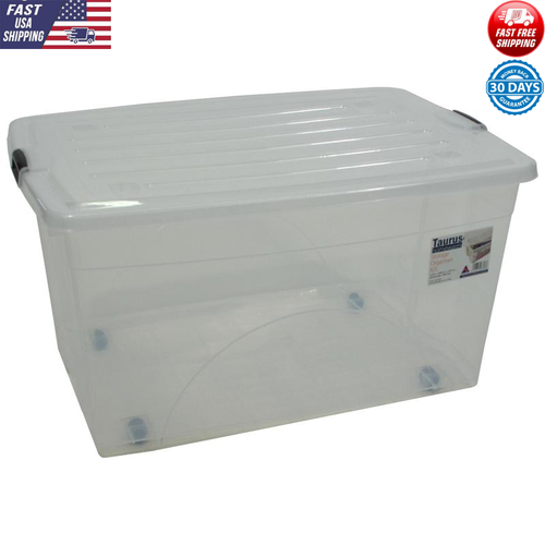 22 Gallon Rolling Storage Bin Organizer Locking Lid Wheels Durable Design Clear