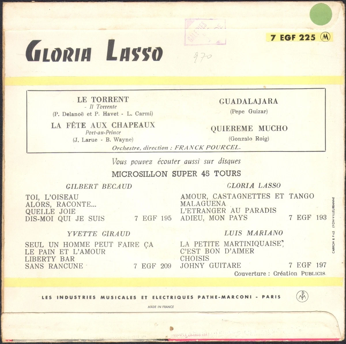GLORIA LASSO LE TORRENT 2ème Pochette LABEL Bleu Clair 45T EP BIEM.
