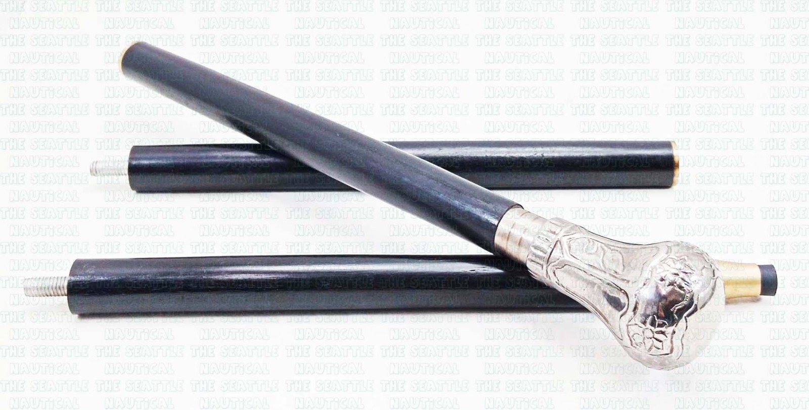 Antique Solid Silver Brass Knob Head Handle Woode… - image 1