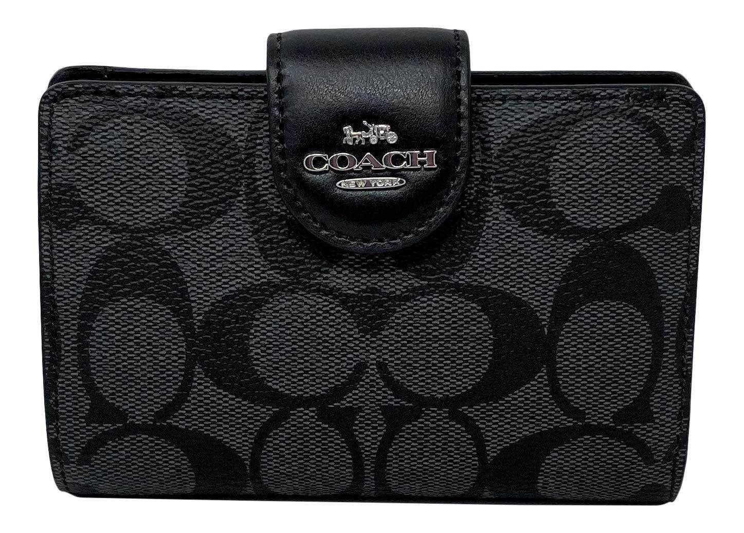 Portafoglio Coach Signature con cerniera ad angolo medio in tela rivestita nero fumo