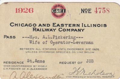 1926 C&EI Chicago & Eastern Illinois Railroad - employee pass