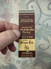 Vintage House of Prime Rib San Francisco Collectible Advertising Matchbook Cover