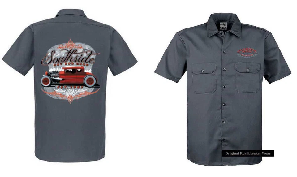 Chemise De Travail Sonar Gris V8 Oldschool Hot Rod Style 50 Coton Manche Courte - Photo 1/3
