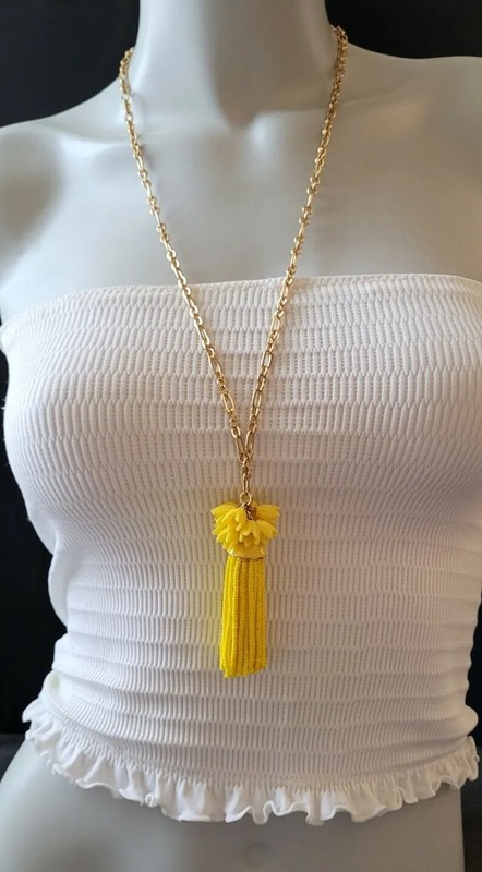 J. CREW LONG STATEMENT NECKLACE GOLD CHAIN SEED BEAD GLASS TASSEL FLOWER CLUSTER