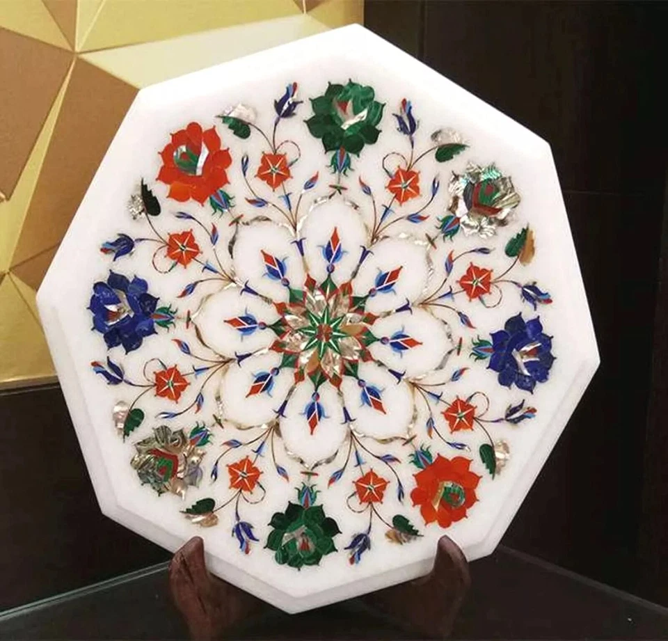 Floral Art Inlay Work Side Table for Office Decor White Marble Coffee Table Top - Image 3 of 4