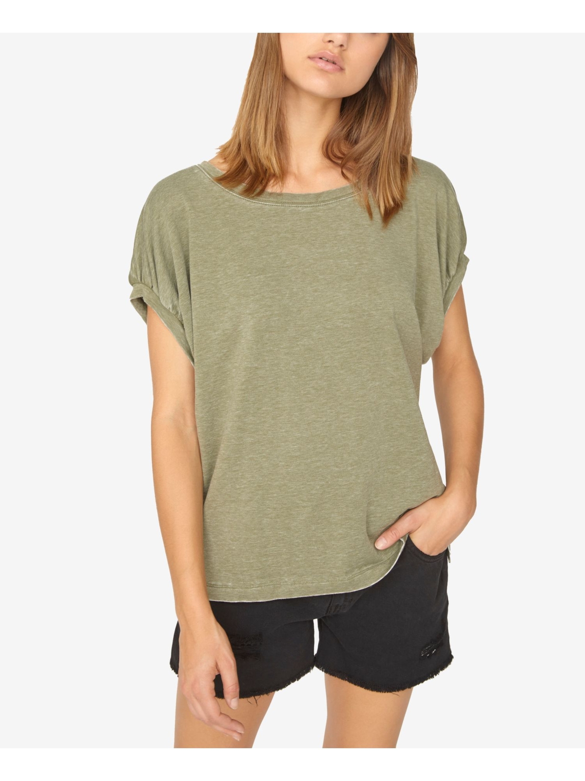 SANCTUARY Womens Green Tie Back Heather Short Sleeve Jewel Neck Top XS