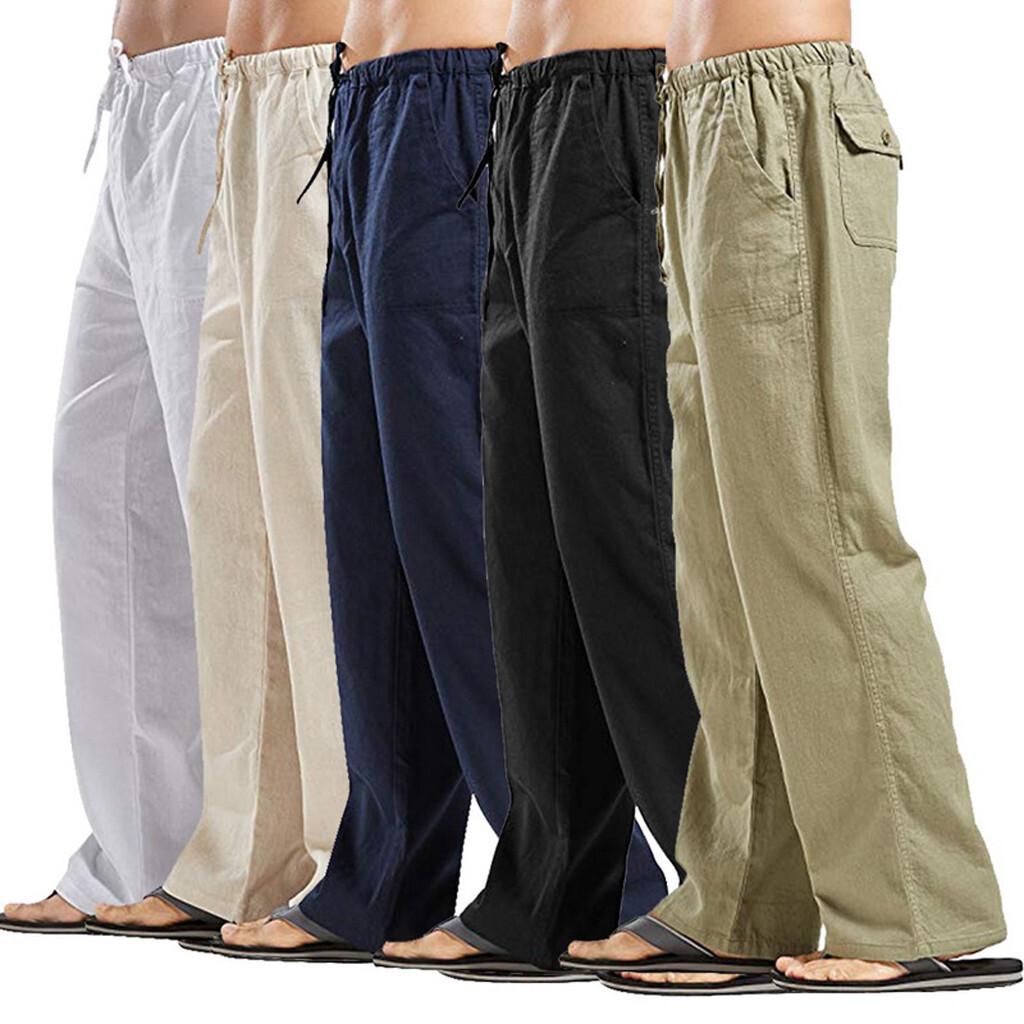 Men's Linen Trousers Lightweight Yoga Pants Elastic Waist Straight Legs Spring