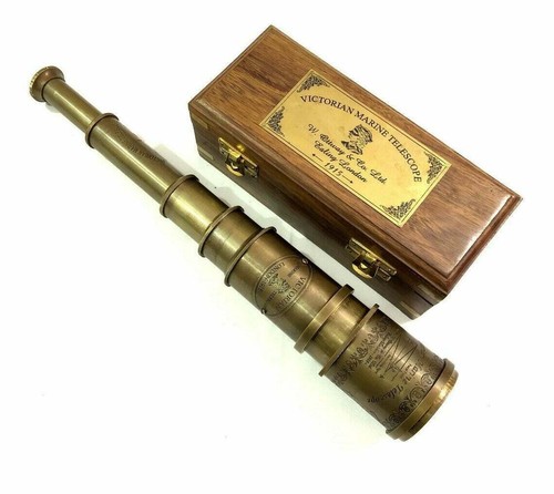 Telescopio espiral náutico de latón victoriano de 18 pulgadas con caja de madera antigua regalo - Imagen 4 de 7