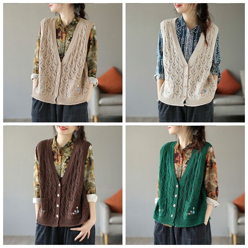 Femme Tricot Gilet Cardigan Gilet Pull sans Manche Tricot Pull