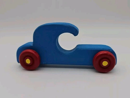 Vintage Handcrafted Wooden Car Blue Toy 5 In Long 2 In Tall
