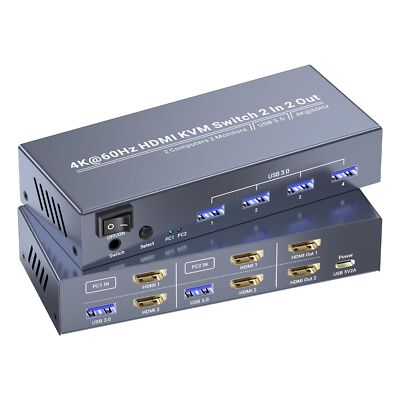 4K60Hz Dual Monitor HDMI KVM Switch, USB 3.0 HDMI KVM Switch 2 Minitors 2