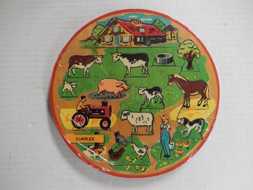 2 VINTAGE SIMPLEX WOODEN ROUND PUZZLES FARM ANIMALS & CITY/TOWN MADE IN HOLLAND - Picture 3 of 5
