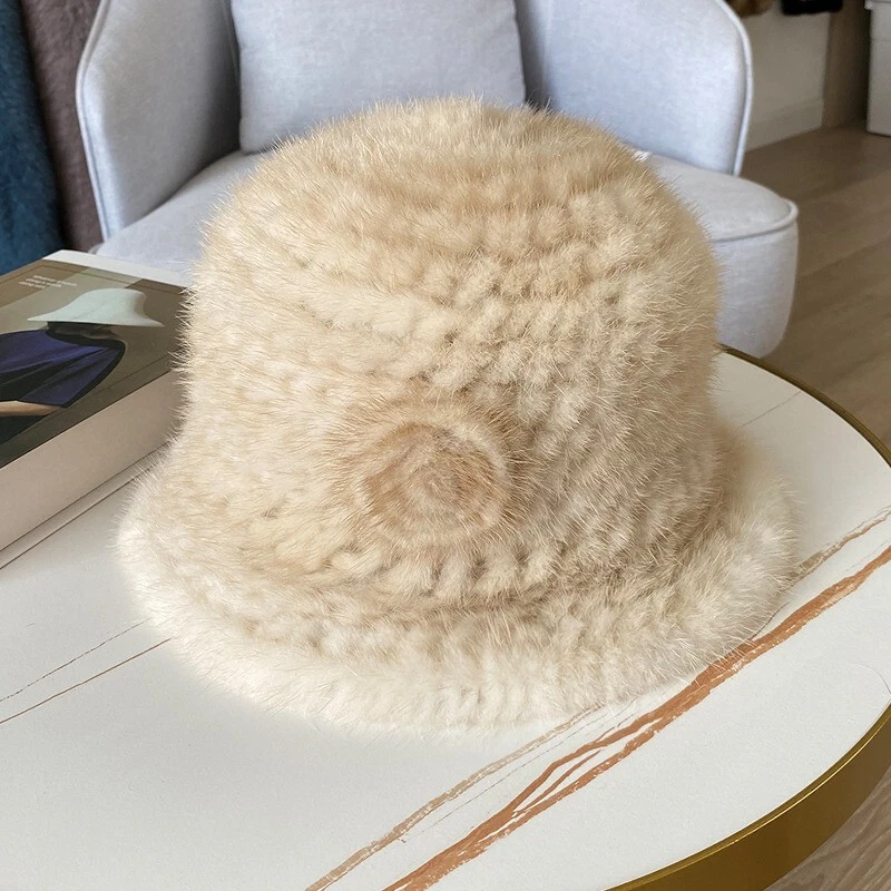 Real Mink Fur Hats For Women Knitted Bucket Hat Winter Warm Cap With Ear Flaps - Image 4 of 4