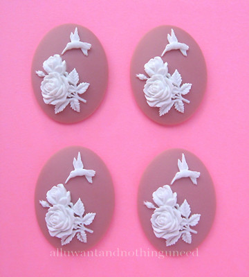 4 White HUMMINGBIRD & ROSES Flowers on Bubblegum PINK 40mm x 30mm Craft CAMEOS