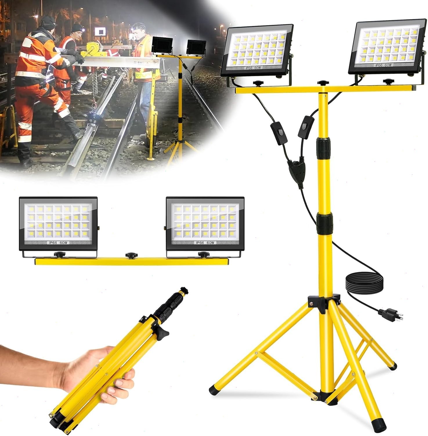 LED Work Light With Tripod Stand Adjustable 3 Heights 2 Lights 21000LM Work Site