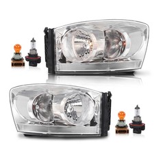 Pair Headlights w Bulbs Light Bar Chrome Clear Ram 1500 06-08 2500 3500 06-09