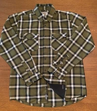Dixxon Flannel Shirt The 556 Mens Medium Green and White Plaid Pearl Snap NICE