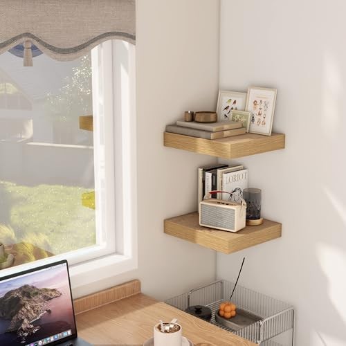  12 Inch Floating Shelf, Rustic Wood Wall Shelves for 12"W x 12"D, 2 Pack Oak