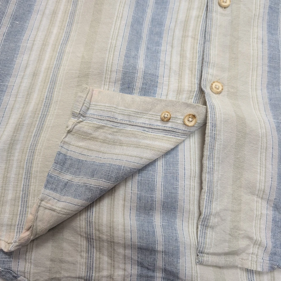 Chemise Tasso Elba Island L XL Lin Coton Beige Bleu Rayures Poche manches longue - Photo 4/4