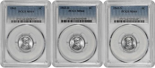 1943 P D S 1c Lincoln Steel Wheat Cent PCGS Graded MS 64 Three Coin Lot