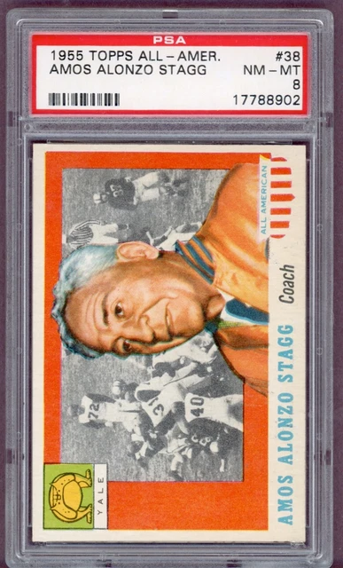 PSA 8 NM-MT 1955 AMOS ALONZO STAGG TOPPS ALL AMERICAN AA FOOTBALL CARD #38