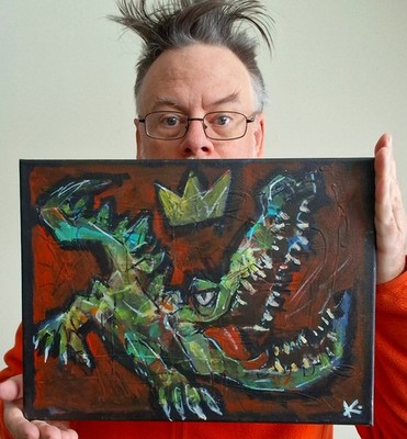 Alligator Outsider Painting Folk Art Graffiti OOAK 12x16 Abstract Signed Canvas