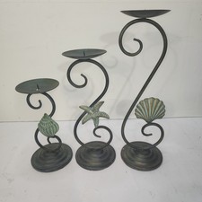 Coastal Metal Pillar Candle Holders Set of 3 Starfish Seashell Verdigris