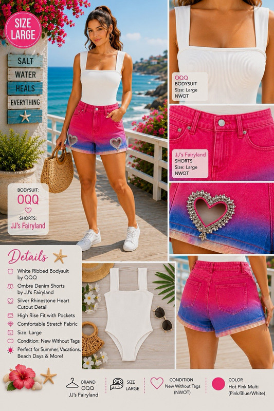 JJ's Fairyland Ombre Denim Shorts L High Rise Rhinestone Heart Cutout Pockets