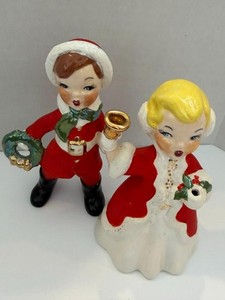 Vintage Christmas Ceramic Boy and Girl Bell Wreath Candle Holder Figure Set Pair