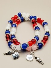 Hello Kitty Inspired Beaded Bracelet - Red Blue White with Cute Cat Charms