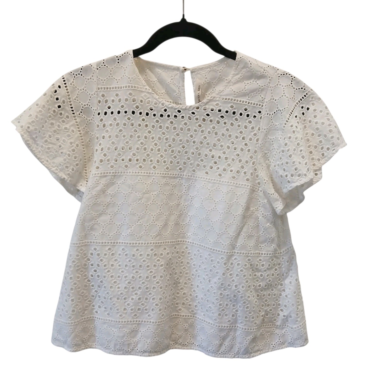 Rachel Roy Top Womens XS White Eyelet Embroidered Flutter Sleeve Blouse Boho