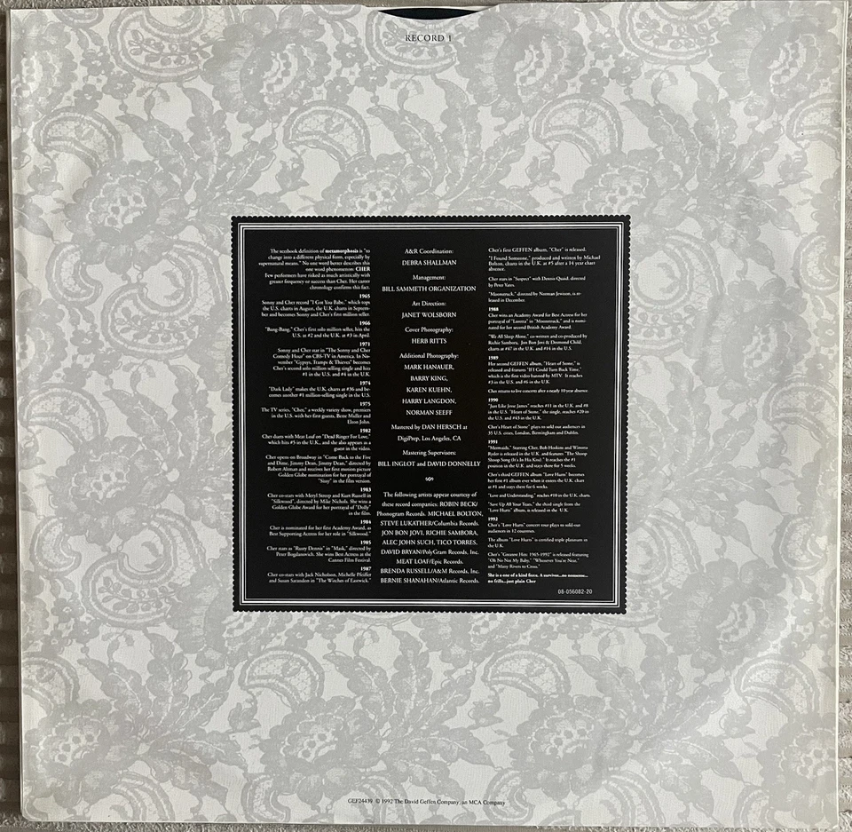 Cher Greatest Hits 1965-1992 Double Vinyl LP GEF24439, 1st Press Near Mint Discs - Image 3 of 4