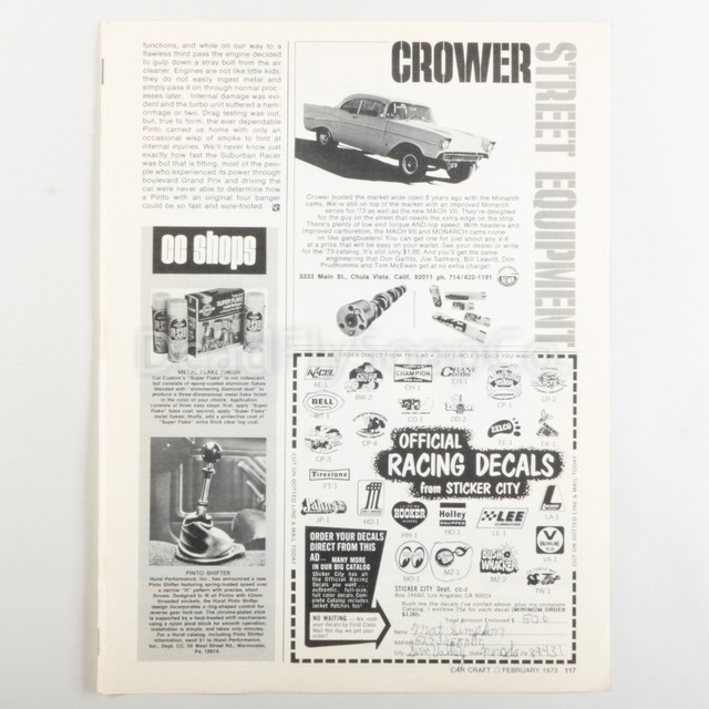 1973 Sticker City Crower Cams Vintage Print Ad Art Original Order Form