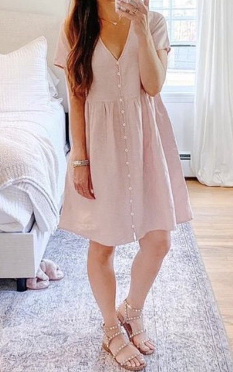 NWT Madewell Linen-Blend V-Neck Button-Front Mini Dress Pink M