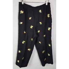 Talbots Petites Women's Sz. 14 Black Irish Linen Lemon Embroidered Ankle Pants
