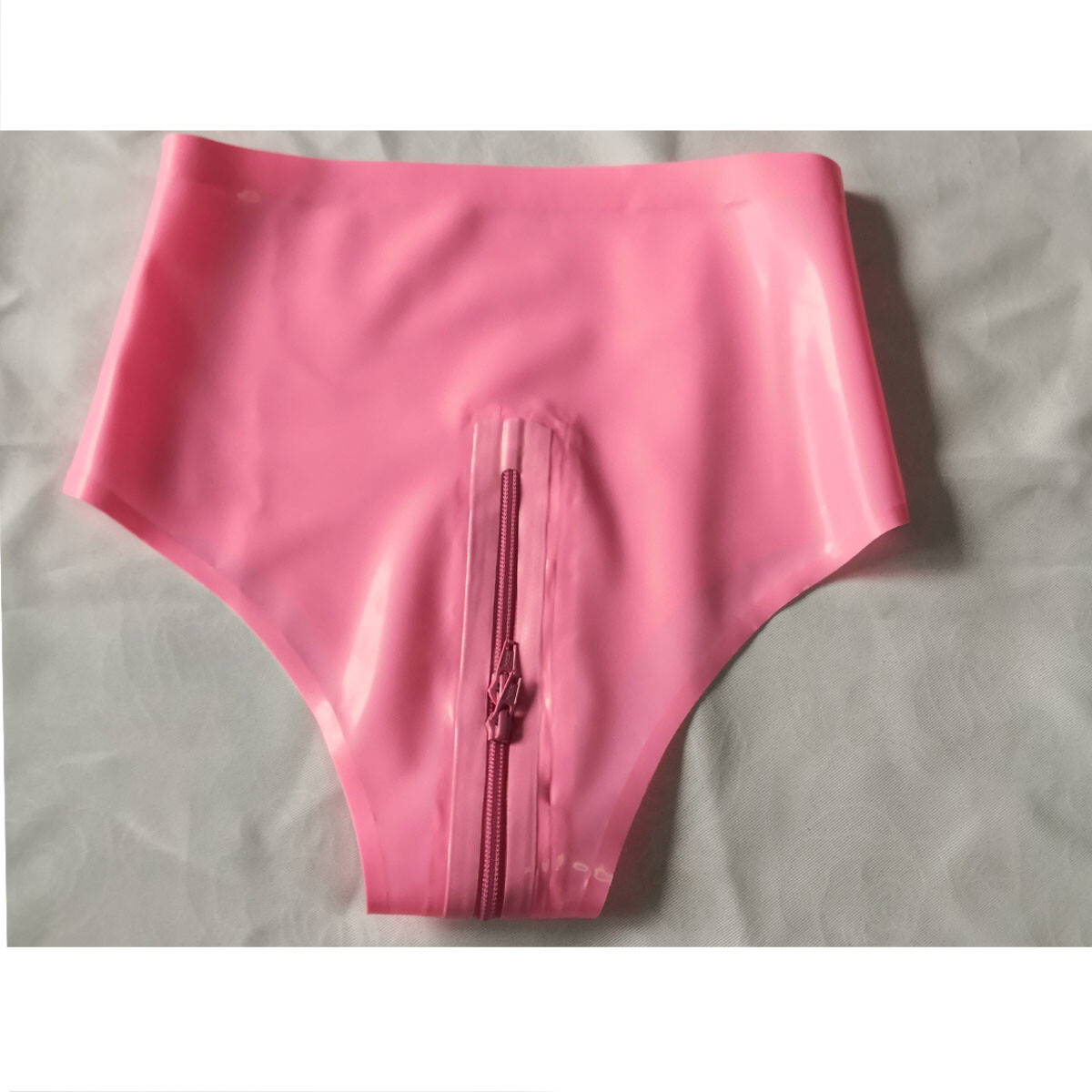 Women Pink Latex Panties with Crotch Zip Rubber Shorts Underwear
