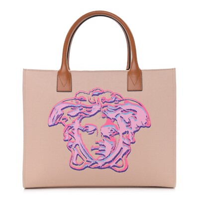 VERSACE Canvas Calfskin Large Medusa Pop Cabas Tote Beige Pink NWT limited 2200$