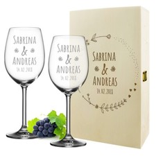 Wine Set Glasses 460 ML & Wooden Box With Engraving - Wedding Gift for Couples