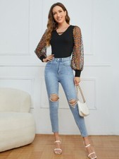 Women Black Tops Keyhole Neck Polka Dot Stylish Mesh Lantern Full Sleeve Size-L