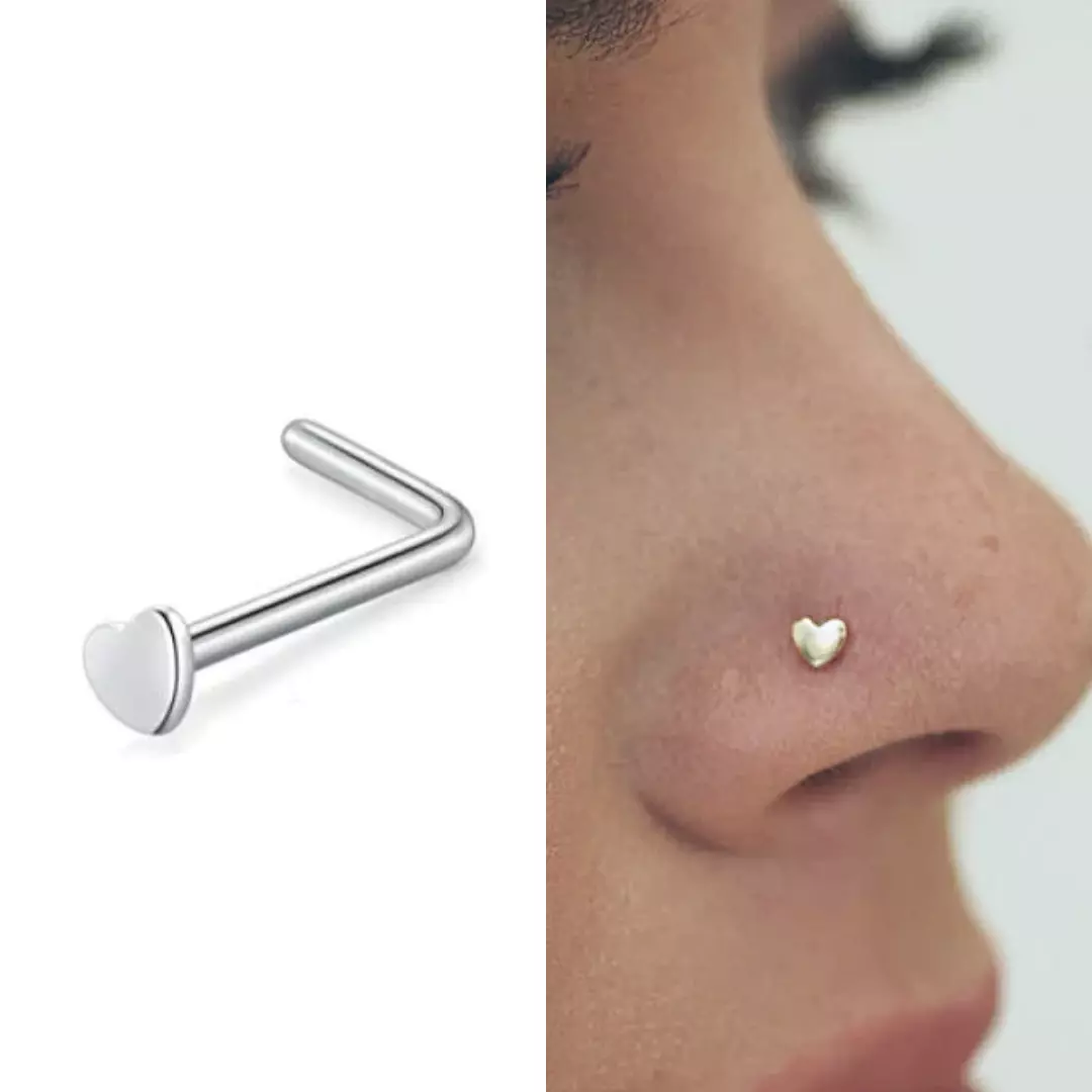 18G 20G CUTE HEART LOGO L BEND TO FIT STEEL STUD NOSE RING FISHTAIL BODY  JEWELRY