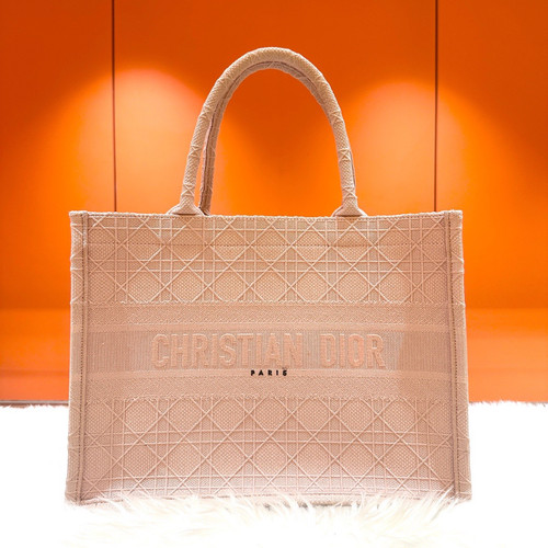 Christian Dior Book Tote MM Embroidered Canvas Cannage Pink Handbag