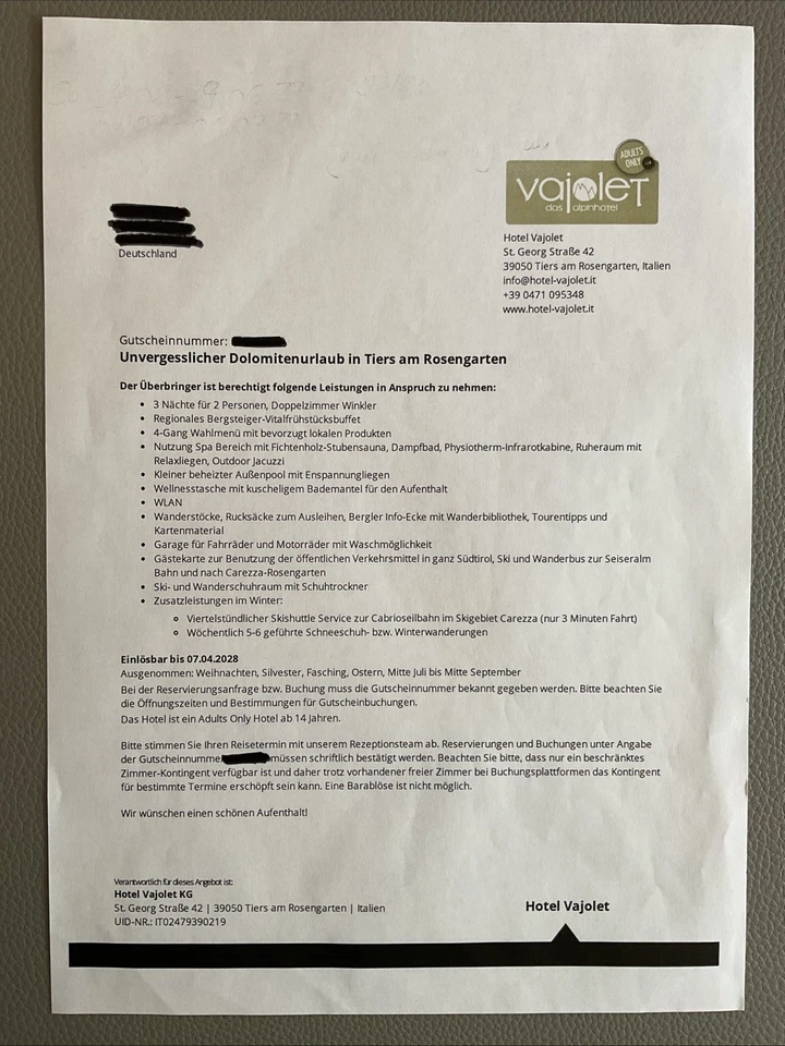 Gutschein, Hotel Vajolet, Tiers am Rosengarten, 3 Nächte 2 Personen, Halbpension - Bild 1 von 1