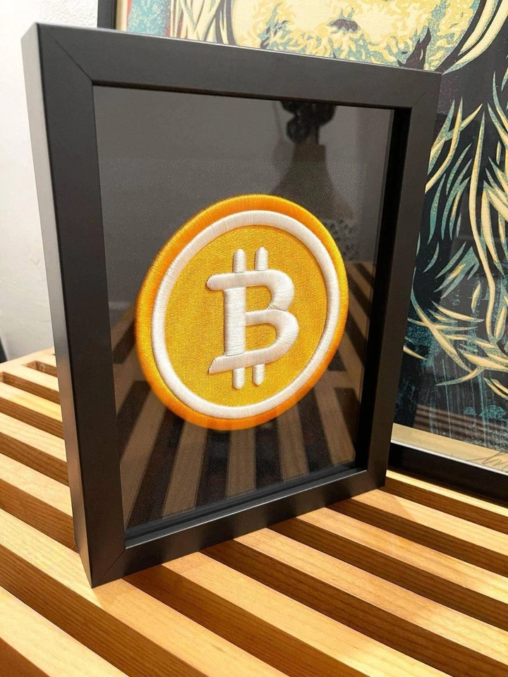 OriginalBTC-Bitcoin Logo 3D Embroidery Artwork in Matte Black Thick Frame Crypto - Image 2 of 4