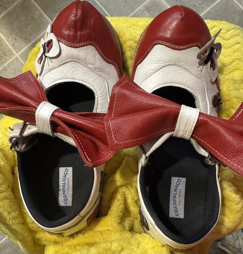 Franpalhaco Clown White MaryJanes-red bow-red toe-red-multi-color butterflies