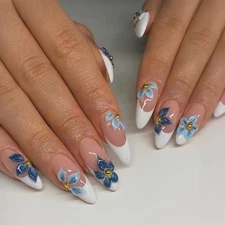 3D Press on Nails Short Almond with Blue Flower Design, Pink Nail White Tip P...