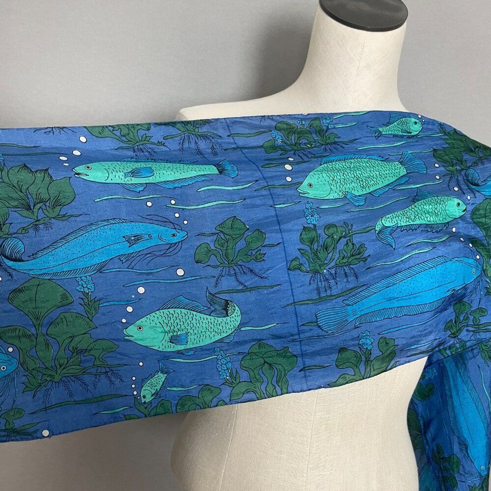 Fish Scarf Rectangular Long Blue Green Eclectic A… - image 9