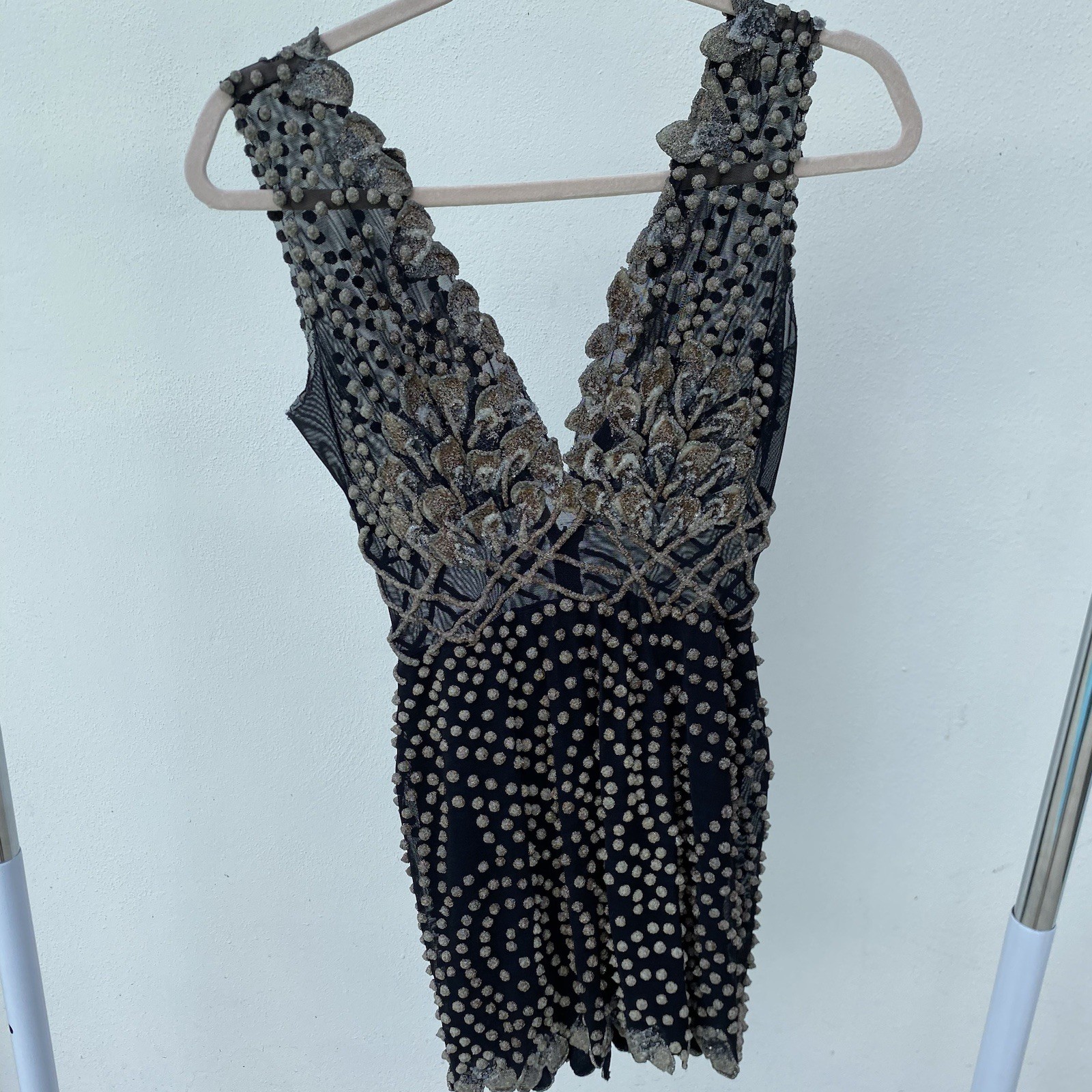Ema Savahl Black & Gold Painted Petal Mesh Mini Dress Size Small