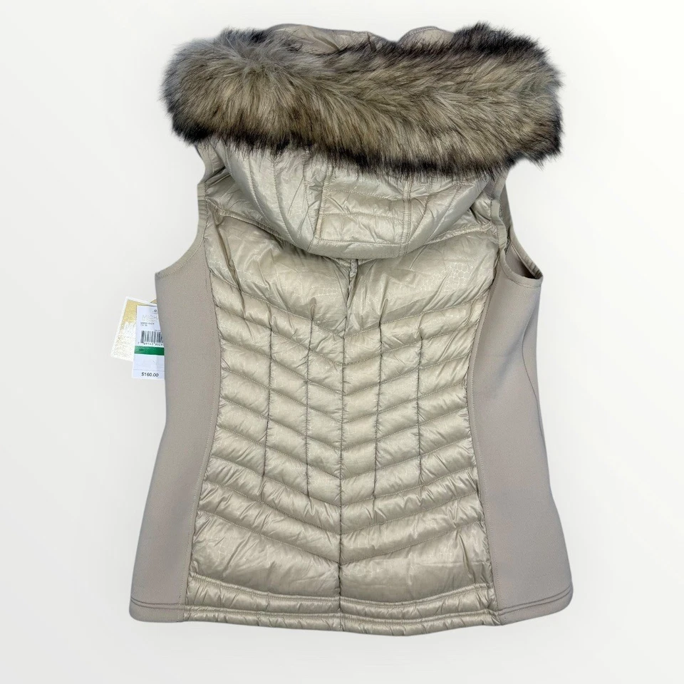 Michael Kors Puffer Vest Hooded Faux Fur Trim Champagne Gold Metallic Size L - Image 2 of 4